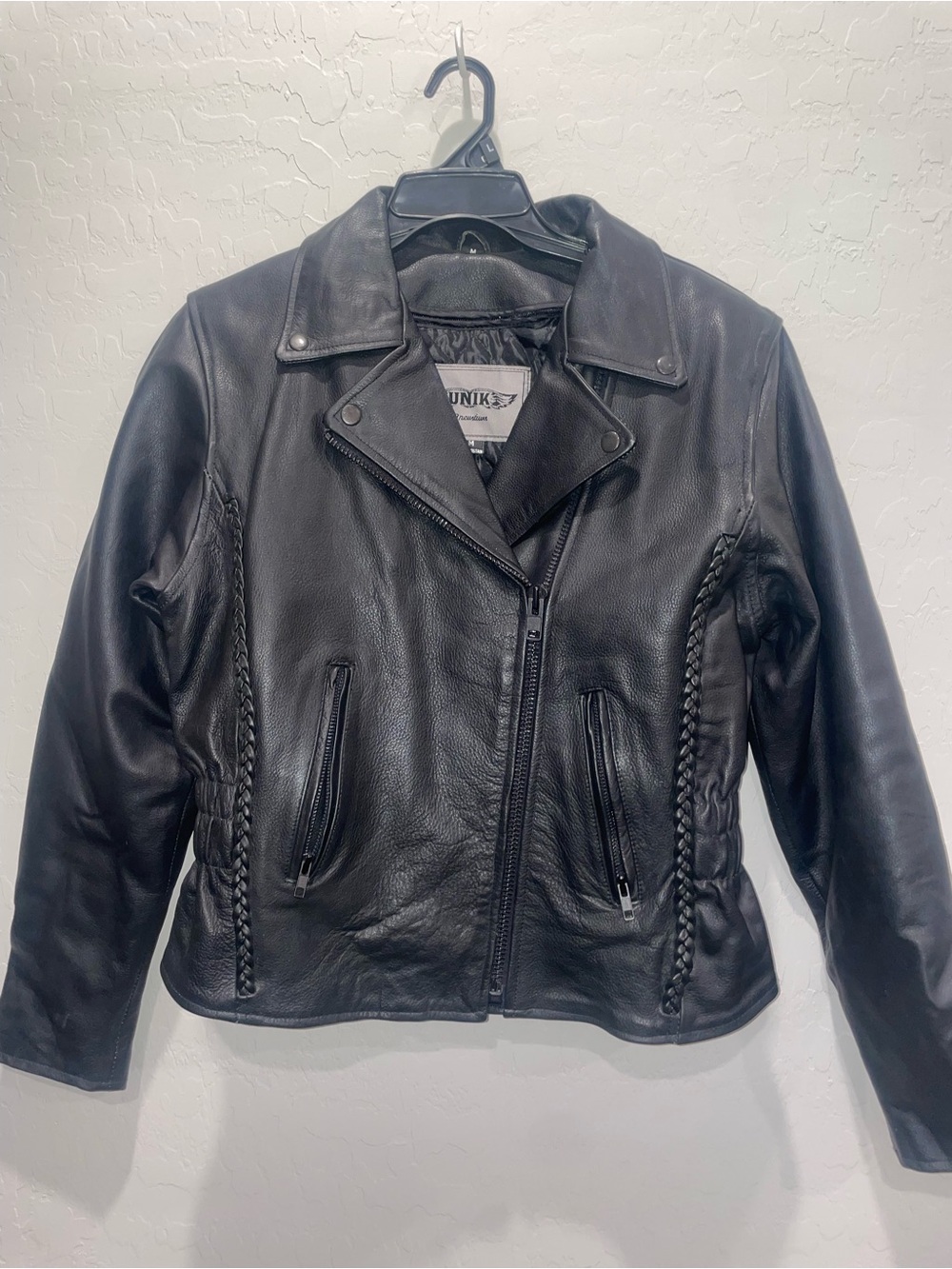 Unik Black Braided-Detail Leather Moto Jacket womens M